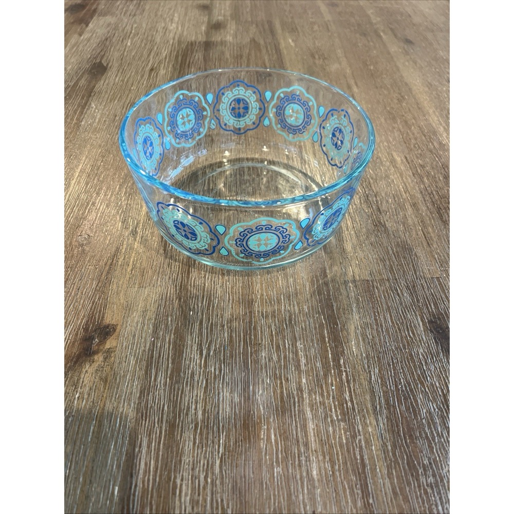 Vintage Pattered Pyrex Clear Glass Bowl With Aqua & Blue Rare 7in 3 1/2in Height